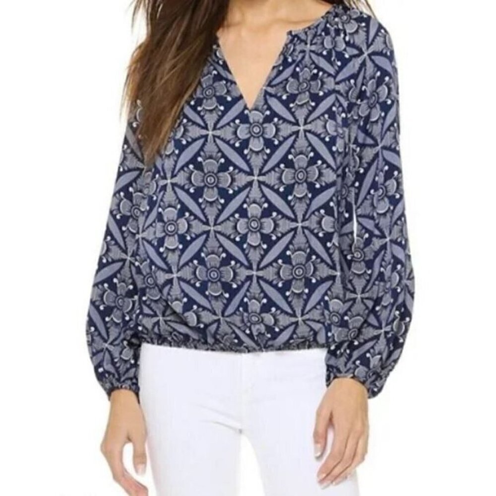 Diane Von Furstenberg DVF Hathaway Top Womens Small Floral Long Sleeve Blue Silk